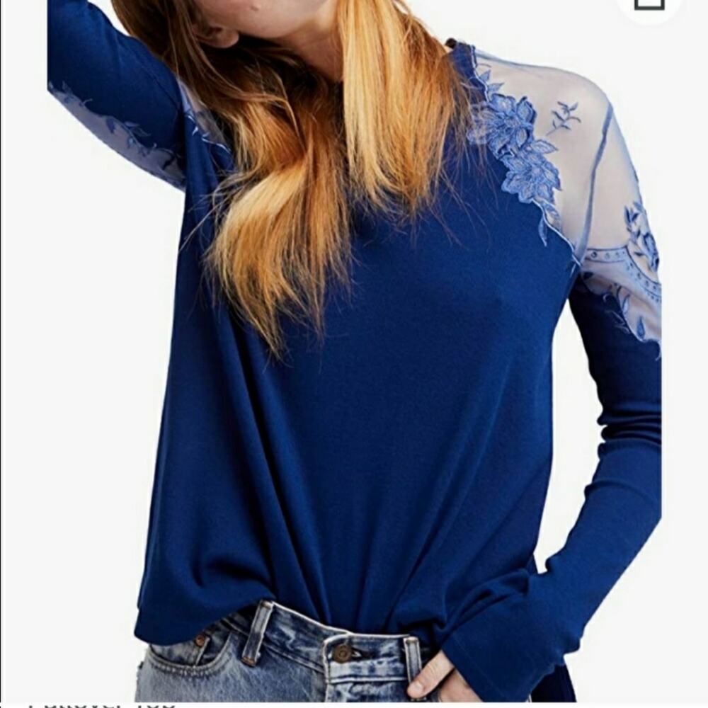 Free People Blue Lace Shoulder Long Sleeve Top Medium
